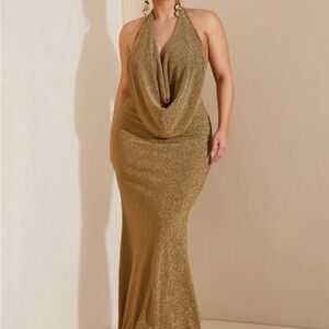 Elegant Gold Halter Neck Dress